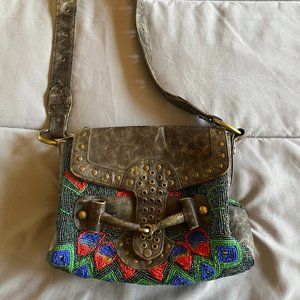 Vintage Christiana Full Beaded Leather Crossbody Boho Bag Purse